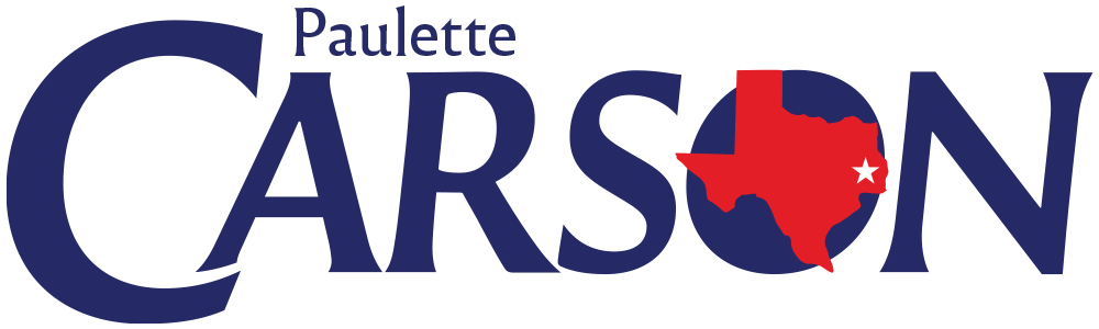Paulette Carson logo with strong, bold text and a Texas icon, representing her commitment to leadership in Texas.