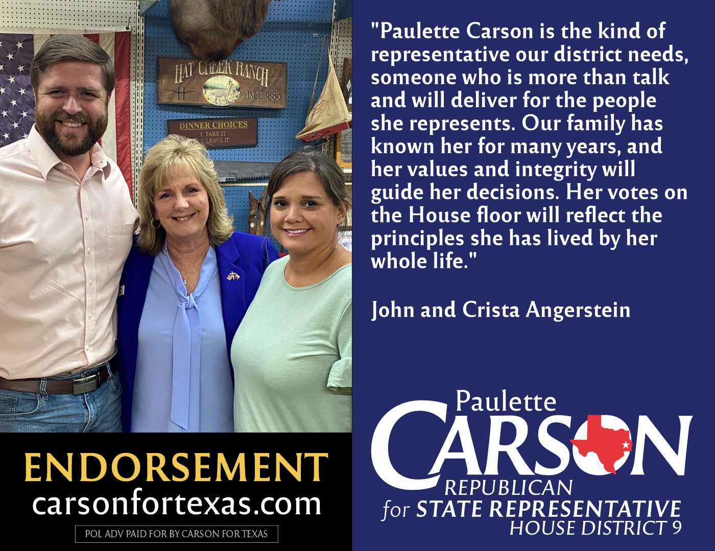 John and Crista Angerstein endorse Paulette Carson