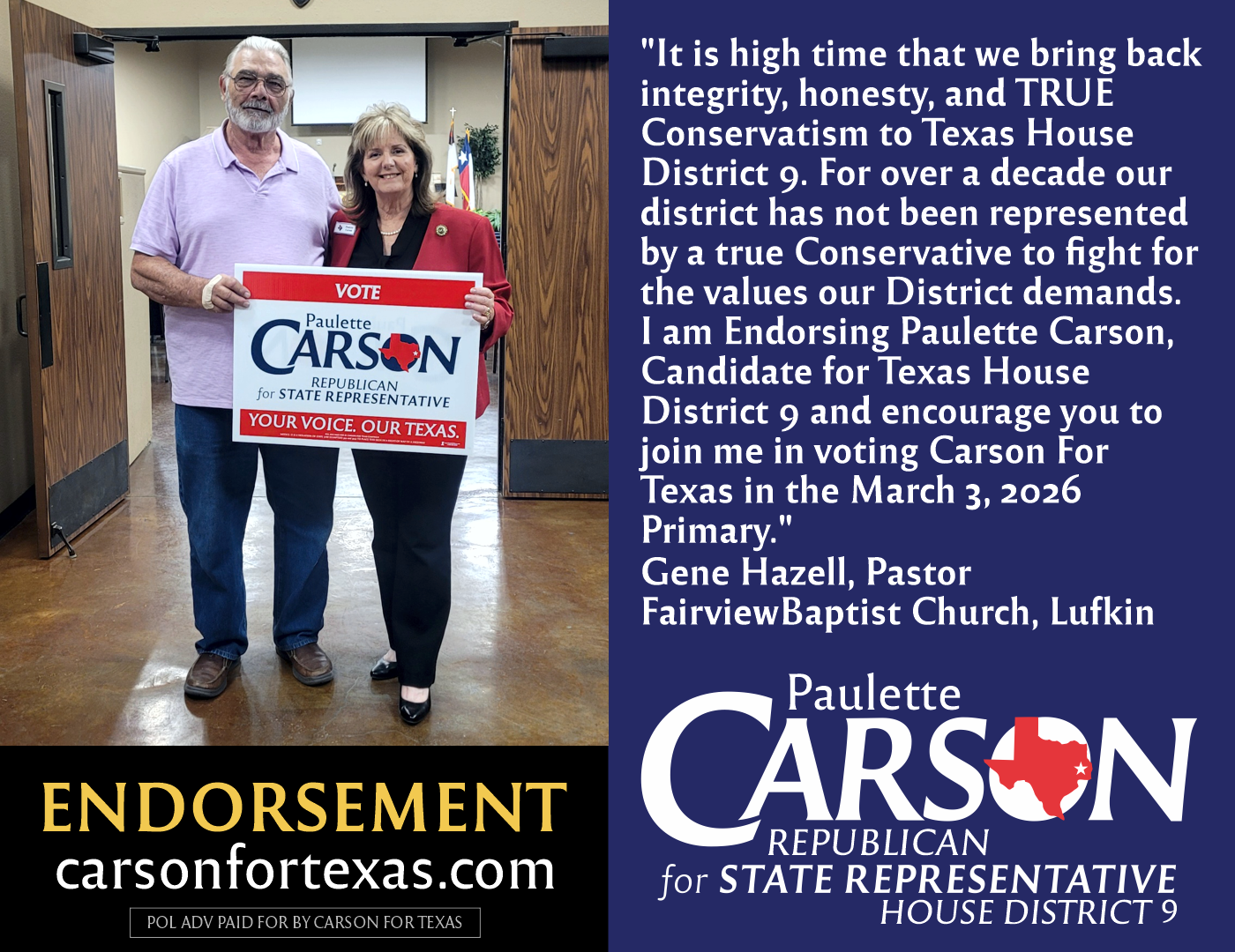 Gene Hazell endorses Paulette Carson