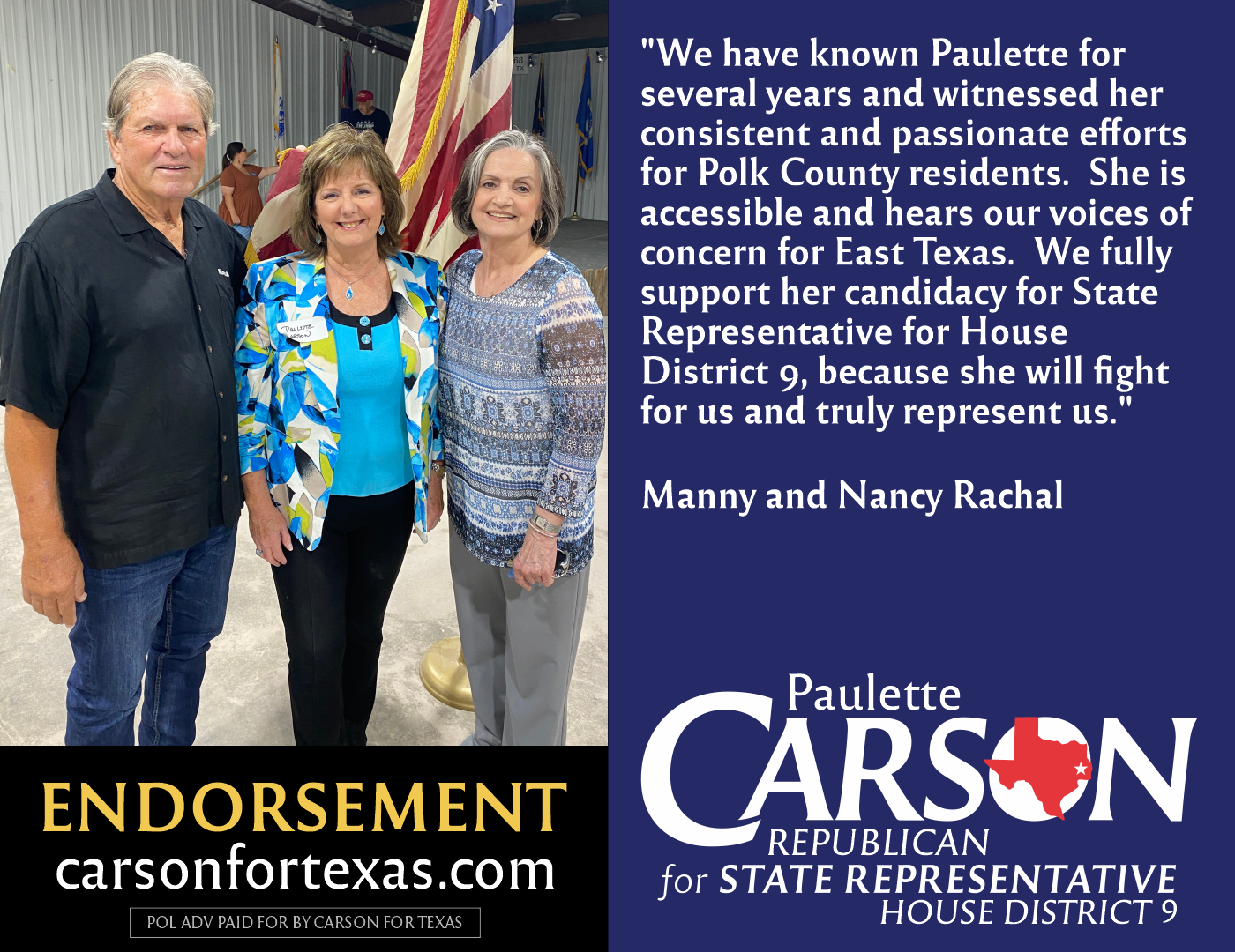 Manny and Nancy Rachal endorse Paulette Carson