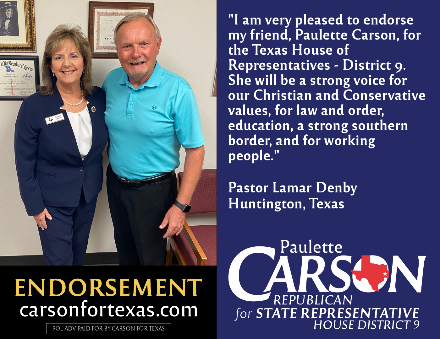 Pastor Lamar Denby endorses Paulette Carson